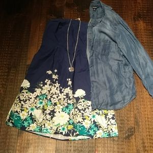 Strapless navy floral print dress